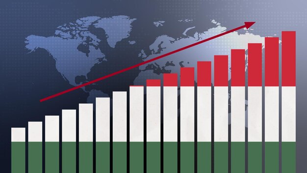 hungary flag on bar chart concept with increasing values economic recovery and business improving after crisis and other catastrophe as economy and businesses reopen again