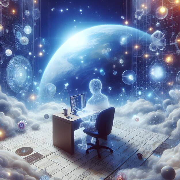 hyper realistic Celestial Coding Concept Scenes of coding sessions with a celestial background with