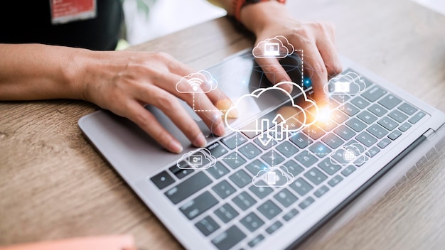 Icon cloud computing network and icon connection data information Cloud computing and technology concept