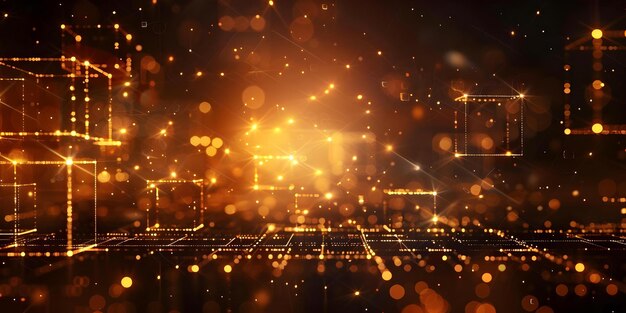 Illuminated square particles moving on dark background with network structure Concept Particle Movement Illuminated Square Dark Background Network Structure