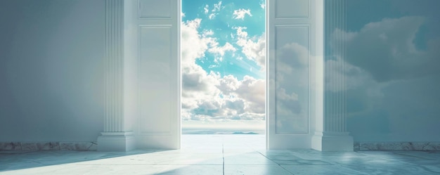 Illustration of sunlight streaming through open doors to a stunning cloudy sky