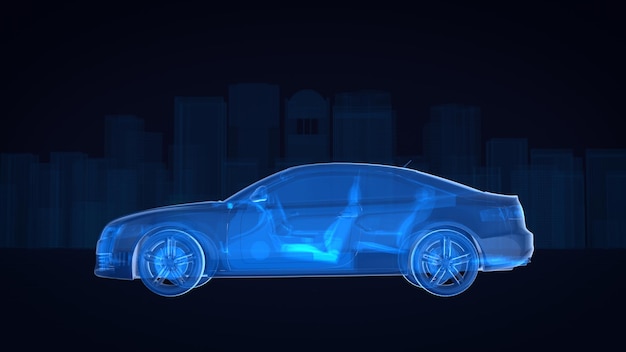 image hologram of a car and city buildings on dark background.