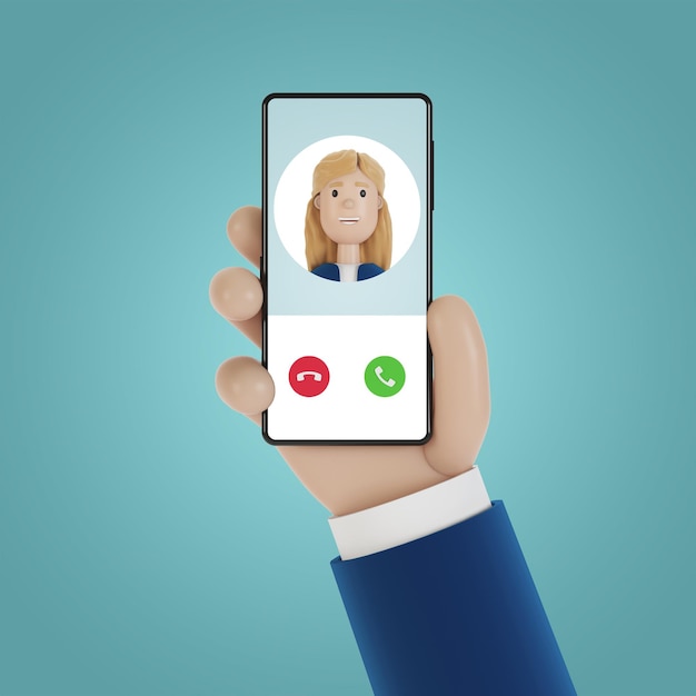 Incoming call on the smartphone screen. Service call. 3D illustration in cartoon style.