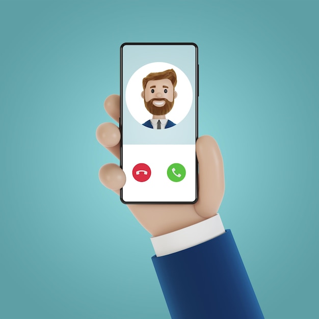 Incoming call on the smartphone screen. Service call. 3D illustration in cartoon style.