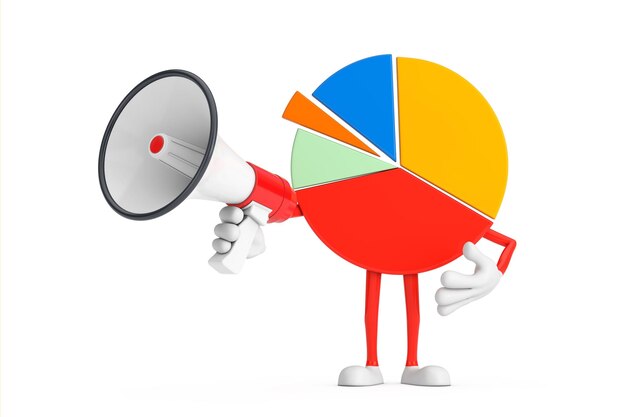 info graphics business pie chart character person with red retro megaphone 3d rendering