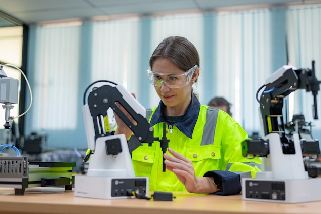 Insinööritiimi oppii ja analysoi kehittääkseen automaattisen hitsausrobottikoneen, joka on tekoälyä hyödyntävä teollinen järjestelmä, joka automatisoi valvonnan Hitechnology-teollisuuden valmistuskonseptissa.