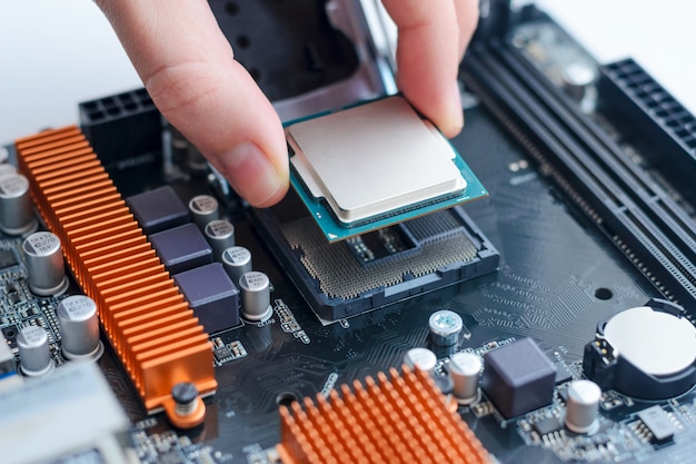 Installing the processor in the motherboard socket.