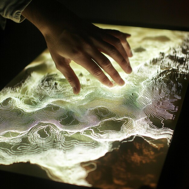 Interactive physical map with digital elements responding to user touch and manipulation