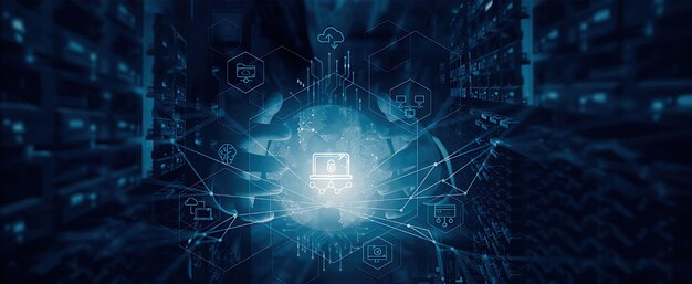 Internet Business Digital technology Network and cybersecurity of data center Engineer protect data in a server room computer Data analytics and protection troubleshooting with a programmer