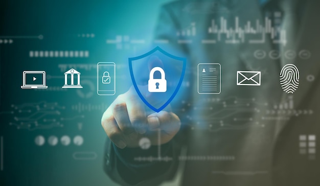 Internet network cybersecurity concept business people protect personal information Data finance and banking a key icon on the virtual interface