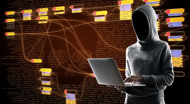 Internet security concept with hacker at digital map with node tree and binary code background