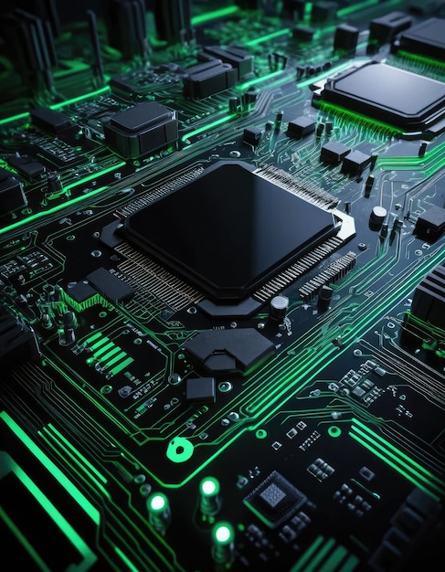 Intricate Circuit Board Design with Glowing Green Highlights