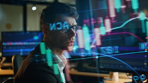 Invest manager checking stock market data in sales hologram busy broker working