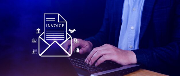 invoice and online digital statements concept using touch with invoice icons on virtual screen financial report and bank management with online payment concept einvoice invoice