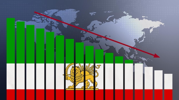 iran flag on bar chart concept with decreasing values concept of economic crisis politics conflicts war concept with flag