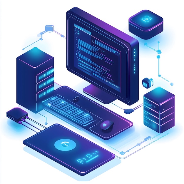 Isometric Digital Technology Workspace with Computer Server Networking and Coding Interface