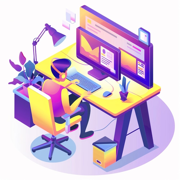 isometric illustration of a work station and computer in vector style