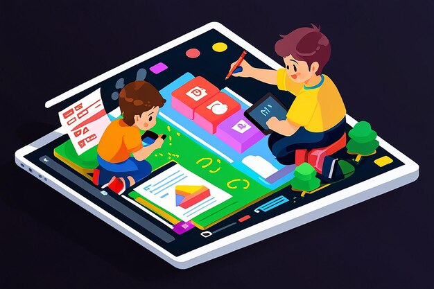 Isometric Kids Coding and Programming on Digital Tablet