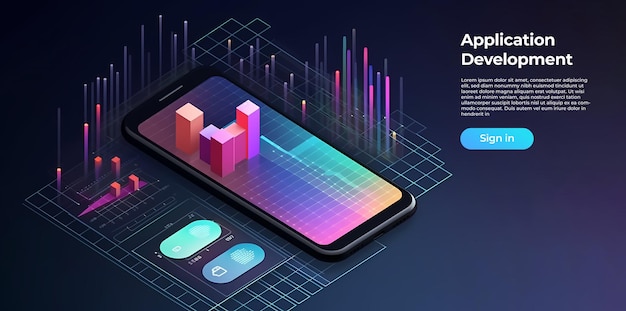 Isometric mobile phone with a business graph and data analytics Software development Coding process concept and analysis trends with crossplatform testing Generative Ai