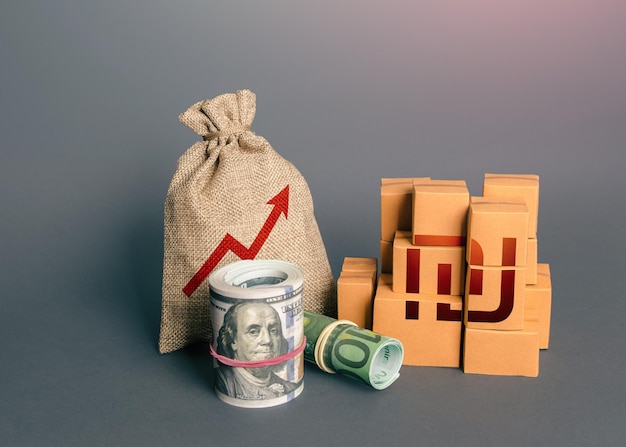 Israeli shekel symbol with goods and an arrow up import export increase in budget revenues