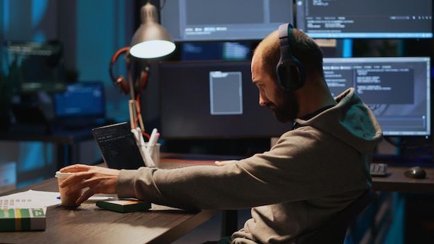 IT coder taking supplements out of box in office, using vitamins pills to work late at night. Engineer programming cloud computing app code on terminal window, using medicine drugs.