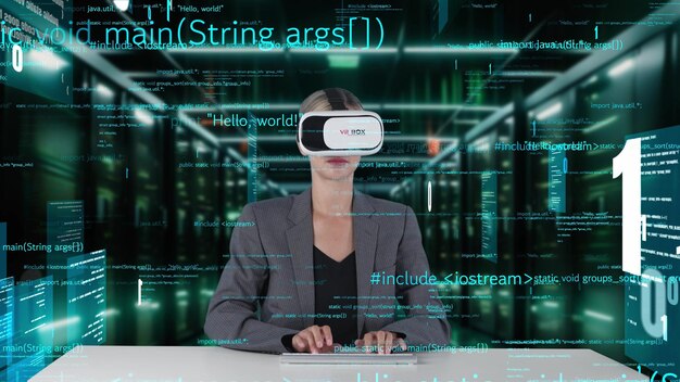 It developer typing computer code for analyzing intelligent by vr contraption