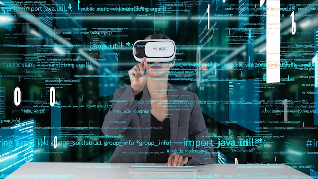 It developer typing computer code for analyzing intelligent by vr contraption