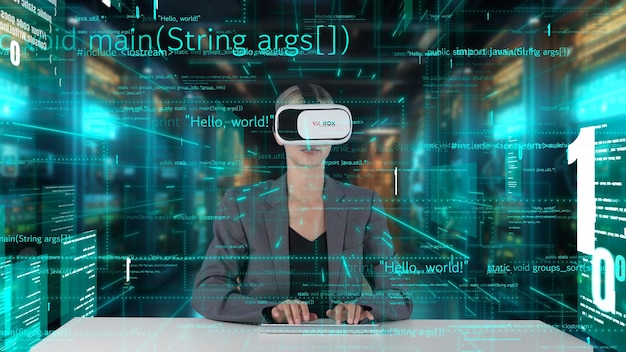 IT developer typing computer code for analyzing intelligent by VR Contraption