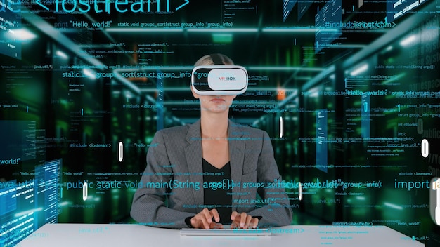 IT developer typing computer code for analyzing intelligent by VR Contraption