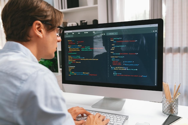 IT developer working online software development on pc and laptop Pecuniary