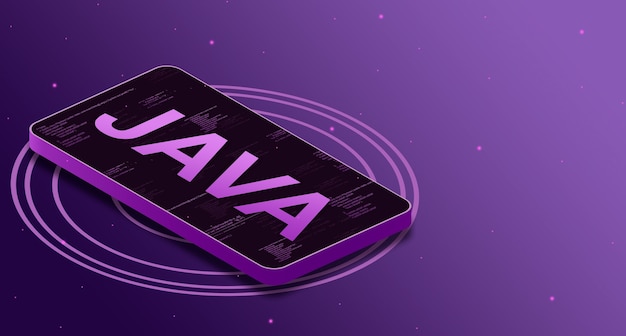 Java programming language on the phone screen with code elements, digital language 3d