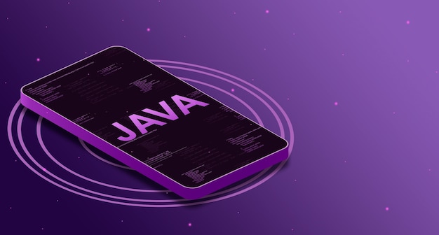 Java programming language on the phone screen with code elements, digital language 3d