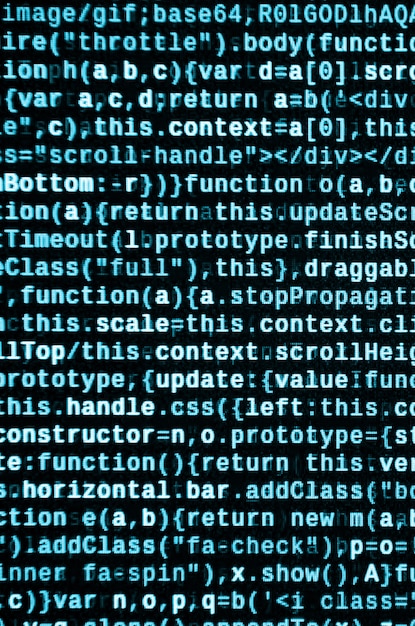 JavaScript code in text editor. Coding cyberspace concept. Screen of web developing code