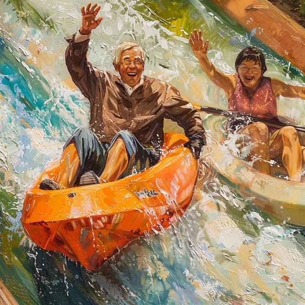Joyful Ride Elderly Asian Couple Enjoying a Kayak Water Slide Adventure