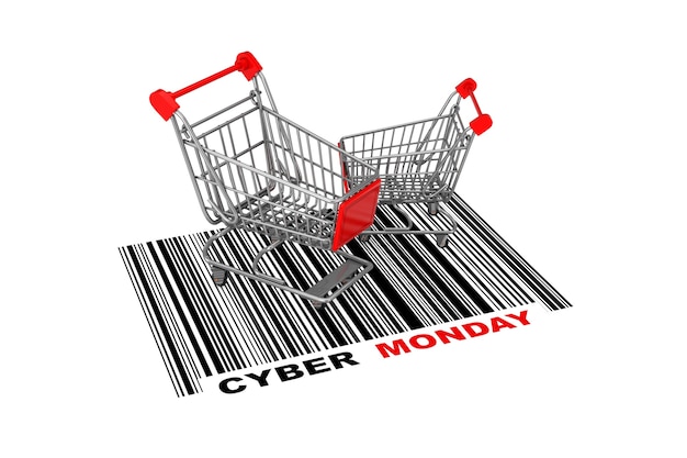 Kaksi tyhjää ostoskärryä abstraktin viivakoodin päällä Cyber Monday -merkillä valkoisella taustalla. 3D-renderöinti