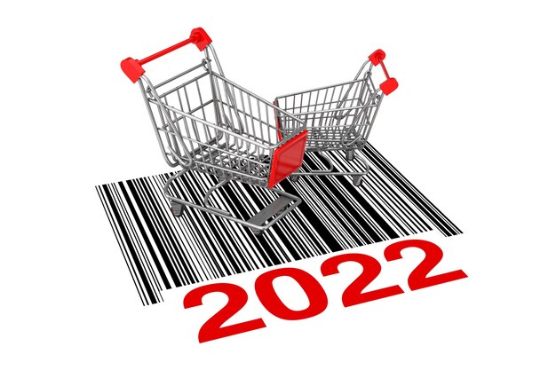 Kaksi tyhjää ostoskärryä abstraktin viivakoodin päällä, jossa on uusi vuoden 2022 -merkki valkoisella taustalla. 3D-renderöinti