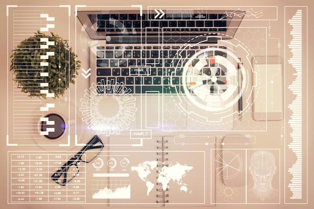 Kaksoisvalotus datapiirroksen hologrammista opiskelupöydän yläpuolella tietokoneella. Tekoäly konsepti