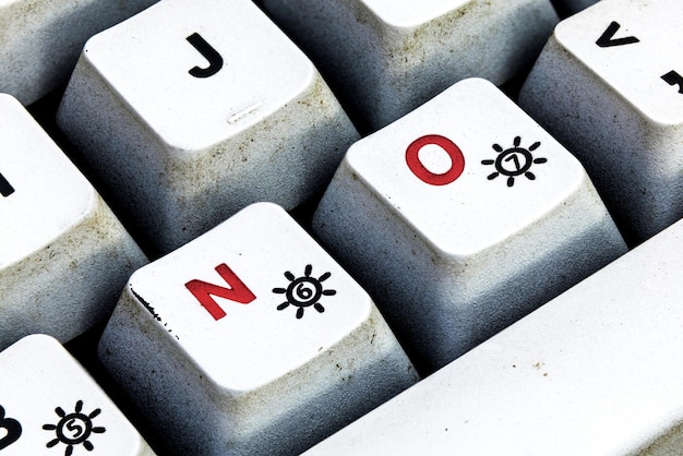 Keyboard button with NO written in red color Close up macro photo of worn vintage keyboard