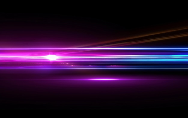 Kirkkaat siniset ja violetit lasersäteet paistavat mustalla taustalla