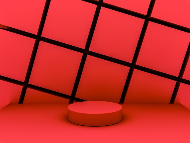 Kohtaus, jossa on punainen koroke malliesittelyä varten minimalistiseen tyyliin kopiotilalla, 3d-renderöidä abstrakti taustadesign