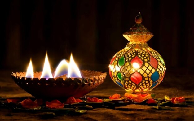 Kuva diwali -päivän festivaali diwali -lyhtyjen tausta kynttilöillä ja sumennetuilla valoilla