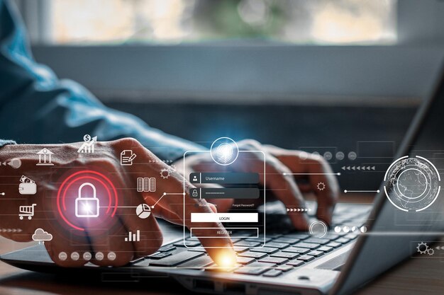 Kyberturvallisuuden käsite. Kirjautuminen, käyttäjän tunnistustiedot, tietoturva ja salaus, turvallinen Internet-yhteys, kyberturvallisuus, turvallinen pääsy käyttäjien henkilökohtaisiin tietoihin.