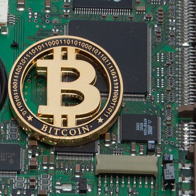 Lähikuva kultaisesta Bitcoinista, tietokoneen piirilevystä ja mikrosiruista