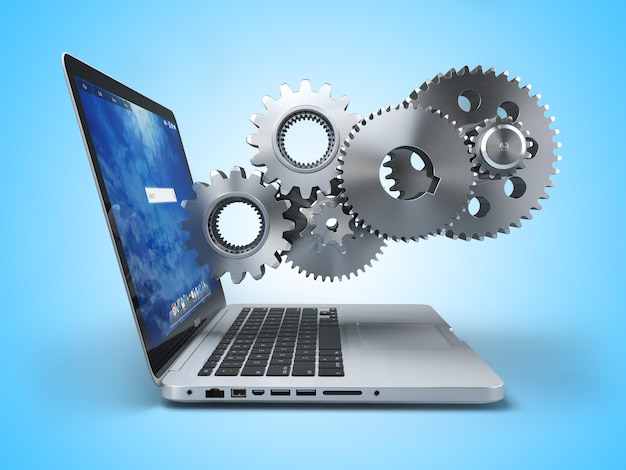 Laptop and gears Computer technology online support pc service concept