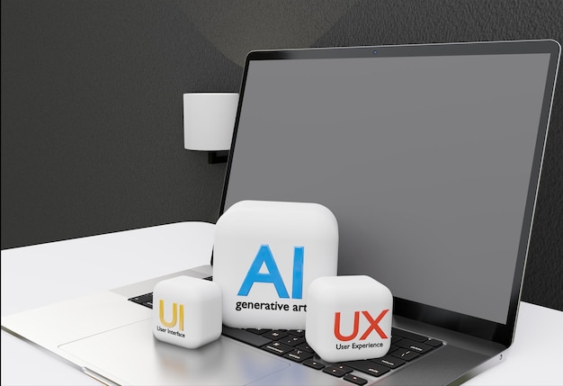 laptop desktop 3d illustration data analytics website seo algorithm ai ui ux programming generati
