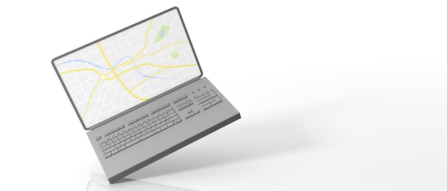 Laptop flying isolated on white background map on the computer screen banner copy space 3d illustration