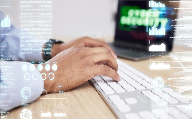 Laptop hologram and hands of business person in office for networking website ui and digital overlay Cybersecurity programming and worker on computer for user interface coding software and data