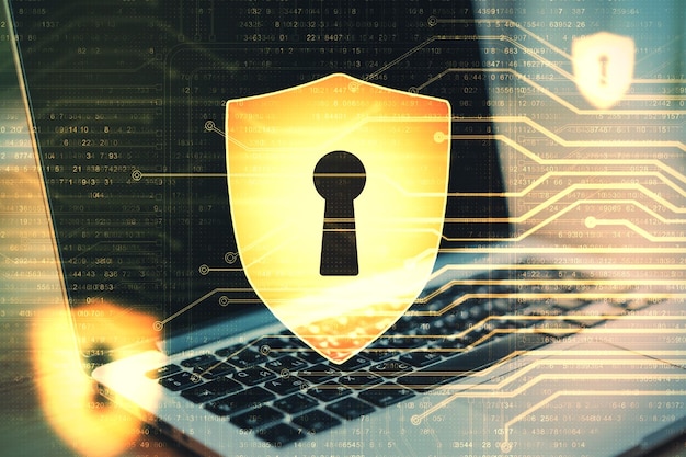 Laptop with antivirus shield hologram