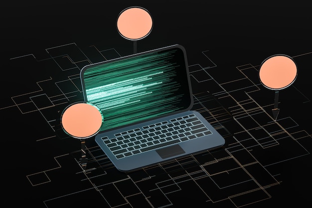 Laptop with black background technological concept 3d rendering