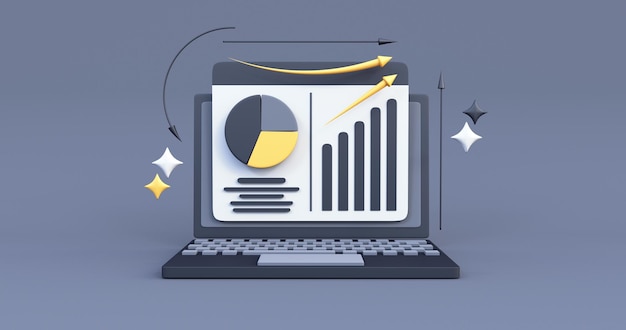 laptop with business growth graph in black background 3d render